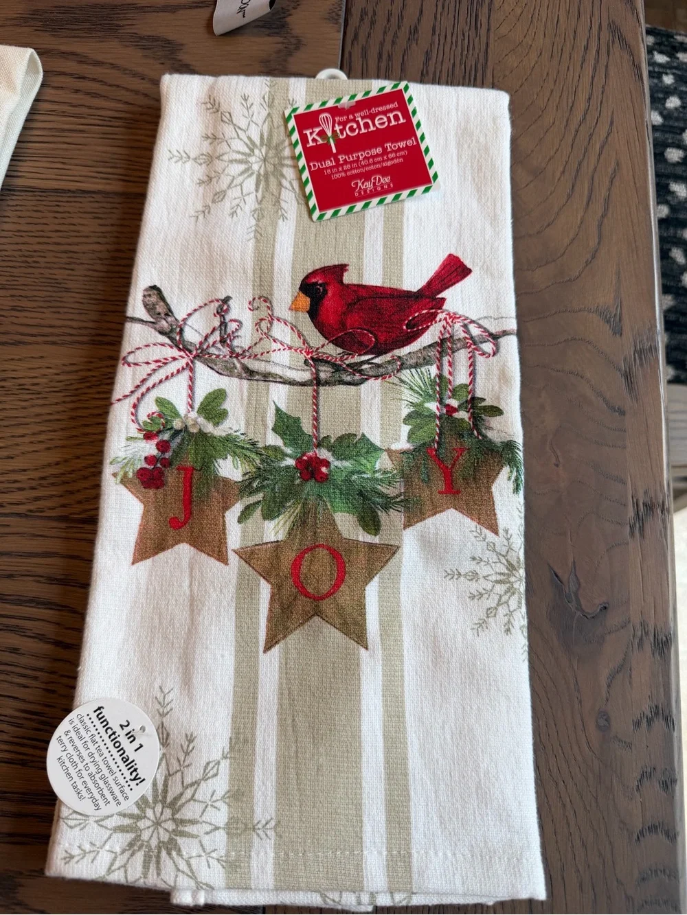 Dual Purpose Towel - White with Red Cardinal 'JOY' Design